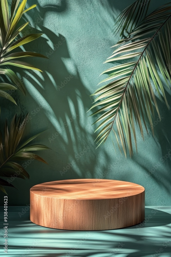 Poster elegant wooden display with a circular object and tropical leaf shadows in soft light