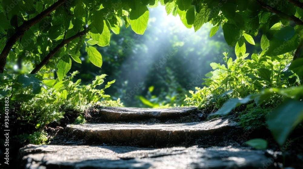 Aufkleber a pathway made of stone steps leading into a lush green forest, lit by gentle sunlight filtering thr