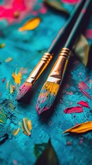 Obraz premium A vibrant and colorful wooden countertop adorned with a variety of artist's brushes. 