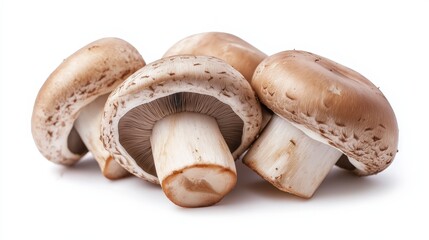 Close-up of four fresh brown mushrooms on a white background.