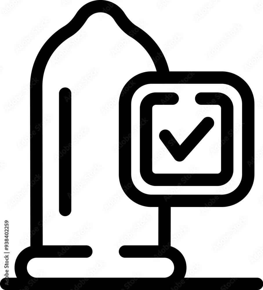 Poster simple, clear icon representing a condom with a check mark, symbolizing safe sex practices