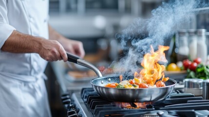 A chef masterfully wields a frying pan with flames erupting from it in a professional kitchen setting, showcasing culinary skills and precision while cooking a delicious dish.