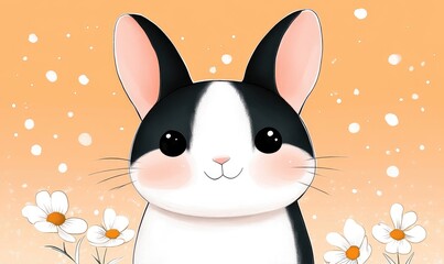 A cheerful black and white rabbit sits among blooming daisies under a warm orange sunset, capturing the essence of joyful springtime in a whimsical and playful style