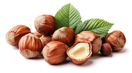 Close-up of hazelnuts with leaves, one nut is cracked open revealing the kernel.