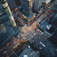 Aerial View of a City Intersection at Dusk