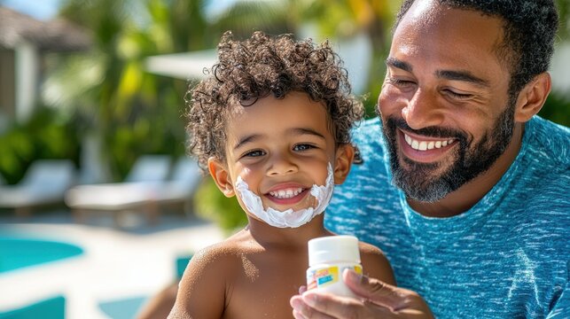 A father is putting sunscreen on his smiling child, both enjoying their time by the pool on a sunny day; this scene captures family bonding and proper sun protection. - Powered by Adobe