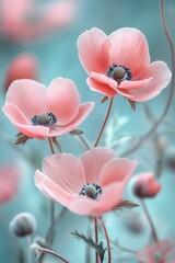 Pink anemones bloom against a soft teal background in early spring