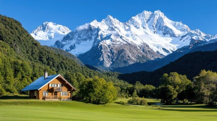 Fototapeta premium A wooden lodge nestled among lush green forests with a stunning backdrop of snow-capped mountain peaks under a bright blue sky, showcasing natural beauty and serene tranquility.