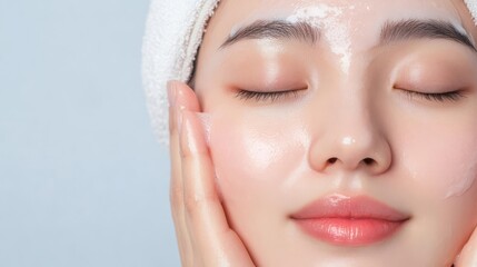 Cleansing the face with a hydrating cleanser, skincare, moisturizing and soft