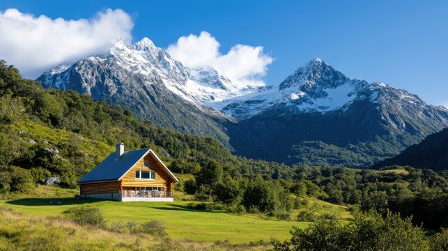A rustic, charming wooden cabin is beautifully set against a backdrop of towering, snow-capped mountains and lush, green meadows, under a bright, clear blue sky, embodying tranquility and natural bea