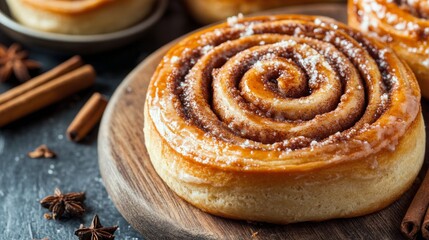 Fototapeta premium Delicious cinnamon roll topped with icing and star anise on a wooden plate