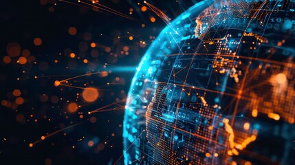 A futuristic and abstract illustration of a digital globe with glowing lines connecting continents.