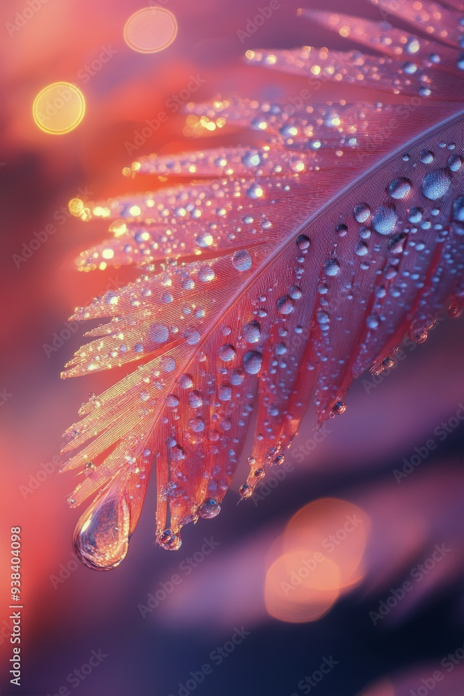 Poster dewdrop resting on a delicate feather with soft bokeh background in warm tones