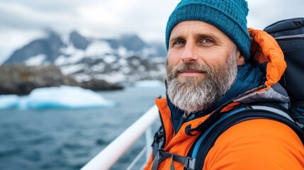 An explorer with a gray beard wearing a knitted cap and an orange coat stands on a boat amid icy seas, looking contemplative and determined in the cold surroundings.