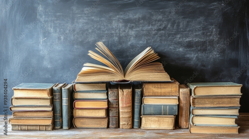 Poster stacked old books with an open book on top against a chalkboard background