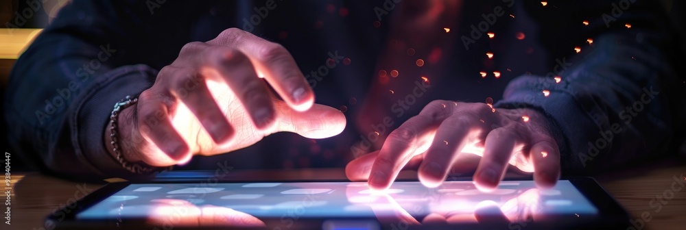 Poster a man making a spreading gesture on the screen of a digital tablet. includes clipping path.