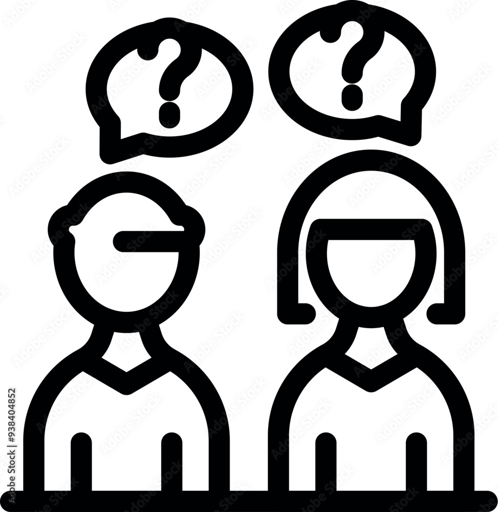 Poster simple vector icon representing a man and a woman thinking with question marks over their heads