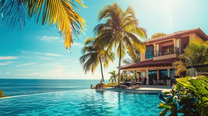 Obraz premium An infinity pool with a view of the ocean and a tropical home in the background.