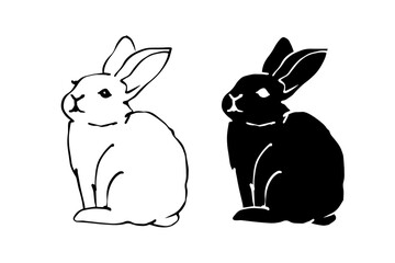 Set of linear sketches, silhouettes of hare, rabbit. Vector graphics.