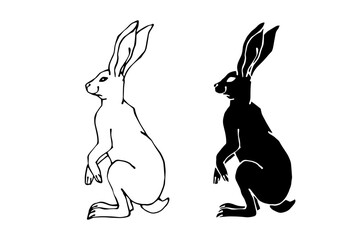 Obraz premium Set of linear sketches, silhouettes of hare, rabbit. Vector graphics.