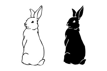 Set of linear sketches, silhouettes of hare, rabbit. Vector graphics.