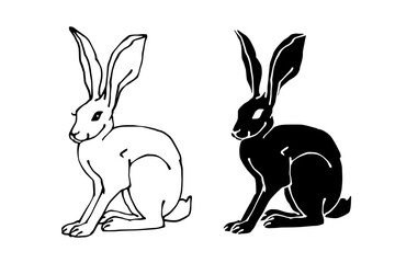 Set of linear sketches, silhouettes of hare, rabbit. Vector graphics.