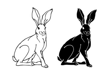 Set of linear sketches, silhouettes of hare, rabbit. Vector graphics.