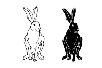 Set of linear sketches, silhouettes of hare, rabbit. Vector graphics.