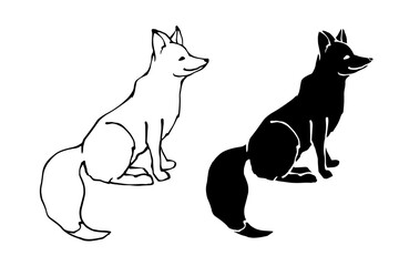 Set of linear sketches, silhouettes of a predatory forest animal fox. Vector graphics.
