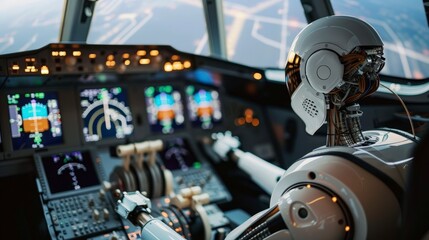 Fototapeta premium A futuristic robot pilot sits in the cockpit of an airplane, looking out the window with a view of the sky and runway.