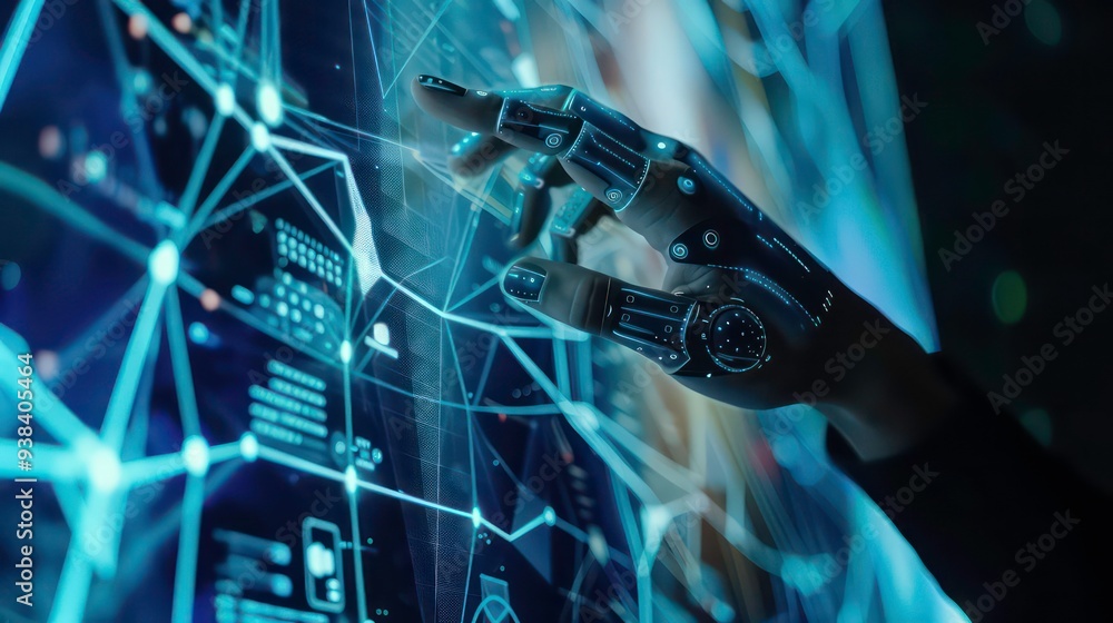 Poster a robotic hand interacts with a digital interface, navigating a network of data.