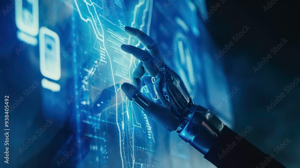 Poster close-up of a robotic hand interacting with a holographic interface, displaying data and lines.