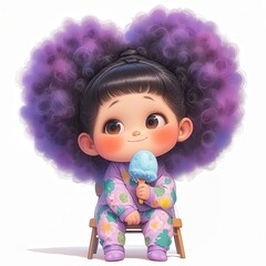 Fototapeta premium Cute cartoon girl with voluminous purple afro hair sitting on a small wooden chair while holding a blue popsicle, isolated on a white background.