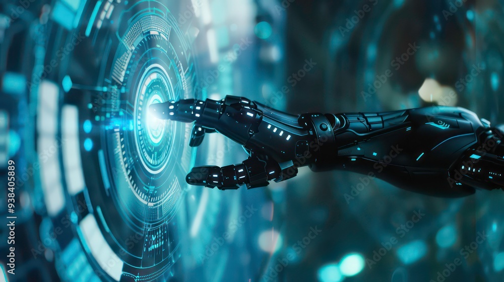 Aufkleber a robotic hand interacts with a futuristic interface.
