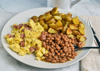 scramble eggs top with spam  and pepper with baked beans
