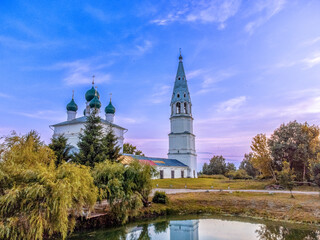 Rustic landscape, Church of the Kazan Icon of the Mother of God in Osenevo village Yaroslavl region, Russia.