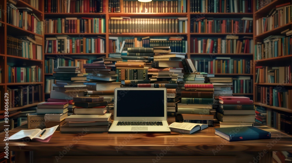 Poster laptop and books on a wooden table in a library setting with bookshelves full of books.