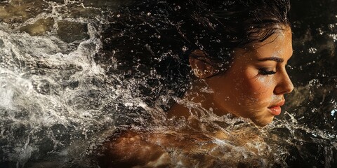 Fototapeta premium A woman's body surrounded by a cascade of flowing water, symbolizing the cleansing and rejuvenating power of nature.