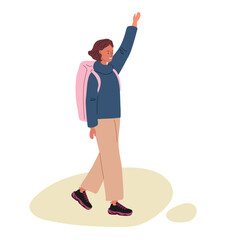 Girl in casual clothes with backpack waves hand to someone, cheerfully saying hello. Young woman walking and meeting with friends. Flat cartoon vector isolated illustration on white background