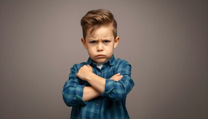 A angry little boy standing with his arms crossed, and looking at the camera with upset face expression
