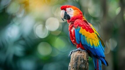 Obraz premium Scarlet macaw perched on tropical tree trunk