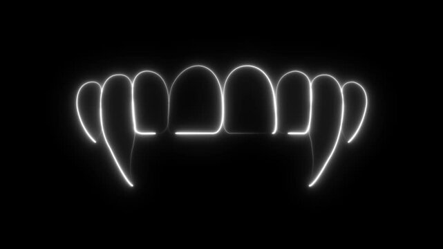 Halloween white teeth. Neon sign. Scary animation. Isolated on black background. Face of the monster. Vampire teeth. Horror monster or zombie fangs teeth. Line art. Horror mouth. Halloween concept. 
