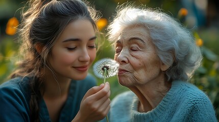 Fototapeta premium Female caregiver and senior woman in wheelchair holding dandelion, picking wild flowers. Nurse and elderly woman enjoying a warm day in nursing home, public park. 