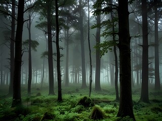 Naklejka premium Misty Forest - Perfect for Nature Art, Calm Atmosphere, and Serene Wall Decor