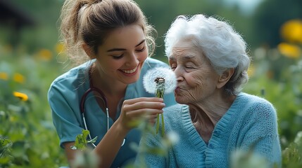 Fototapeta premium Female caregiver and senior woman in wheelchair holding dandelion, picking wild flowers. Nurse and elderly woman enjoying a warm day in nursing home, public park. 