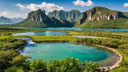 Beautiful landscape with a large lake and waterfalls surrounded by mountains