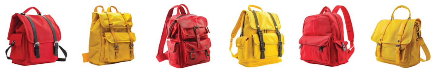 Colorful backpacks displayed in an inviting pattern on Transparent Background.