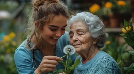Fototapeta premium Female caregiver and senior woman in wheelchair holding dandelion, picking wild flowers. Nurse and elderly woman enjoying a warm day in nursing home, public park. 