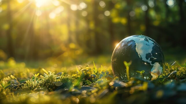 A glass globe of the earth sits in a patch of green grass and foliage in front of a bright sun shining through trees.