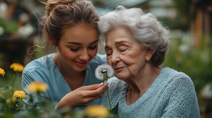 Obraz premium Female caregiver and senior woman in wheelchair holding dandelion, picking wild flowers. Nurse and elderly woman enjoying a warm day in nursing home, public park. 